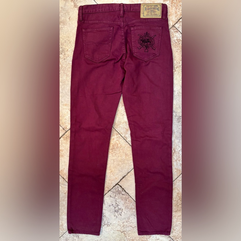 Ralph Lauren Blue Label Burgundy Skinny Stretch High Rise Ankle Jeans Logo Sz 29